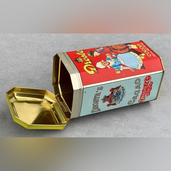 Vintage 10 oz DROSTE COCOA Hinge Lidded Tin Litho Illustrated Pantry Box - Picture 2 of 14
